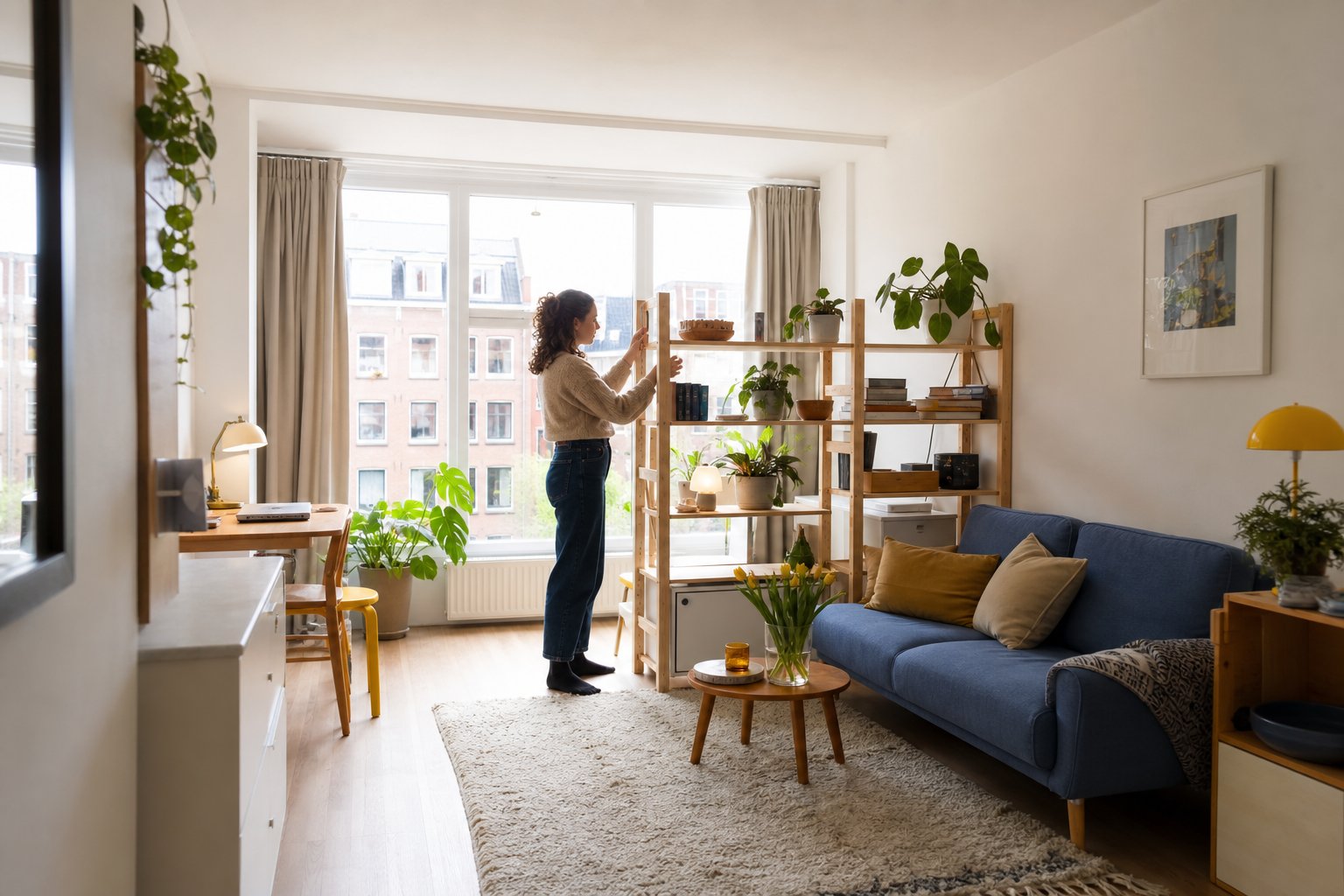 Compact huurappartement met een losse houten kast als roomdivider en blauwe bank