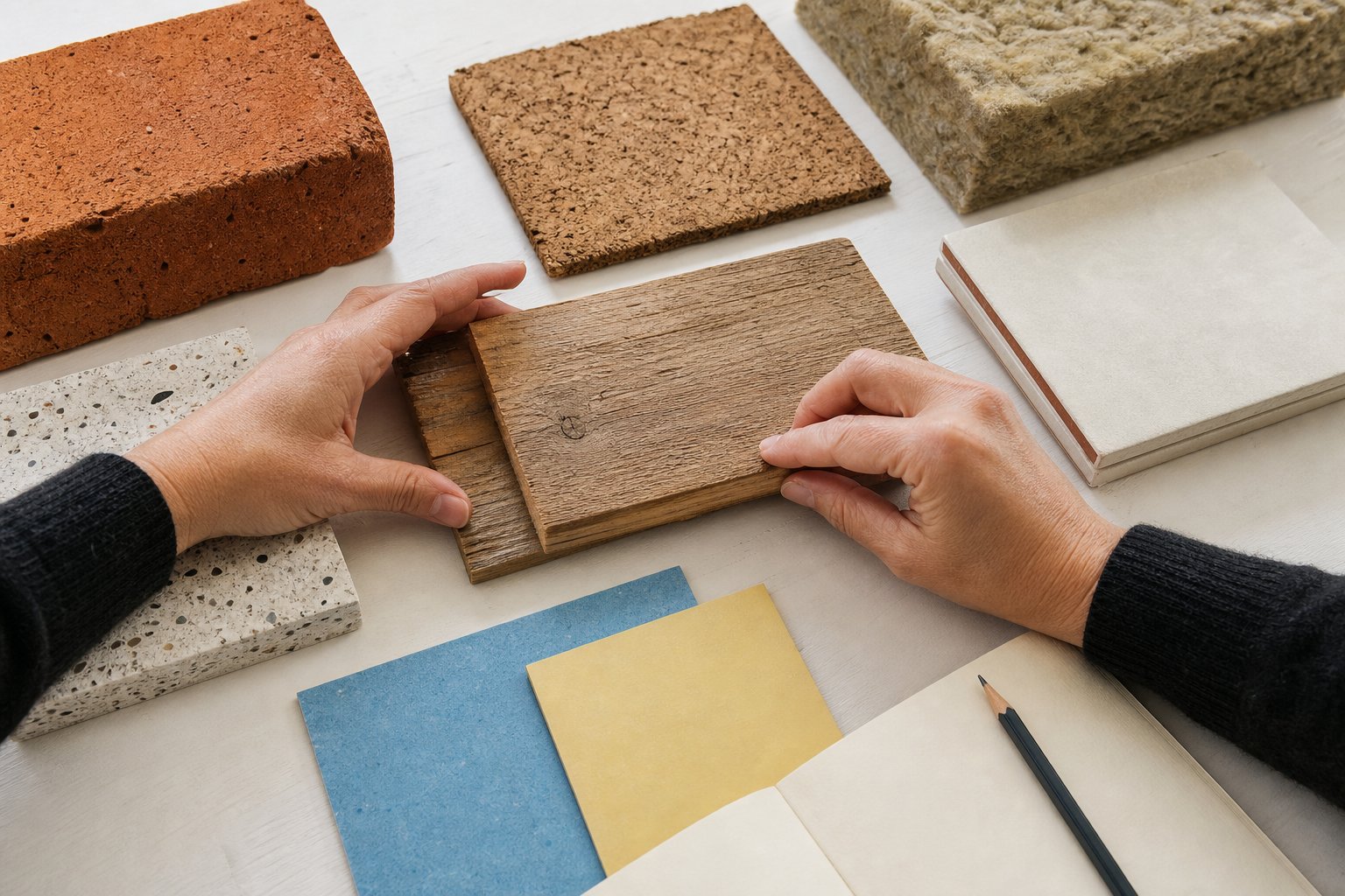 Handen vergelijken stalen van hout, kurk, baksteen, plaatmateriaal en isolatie