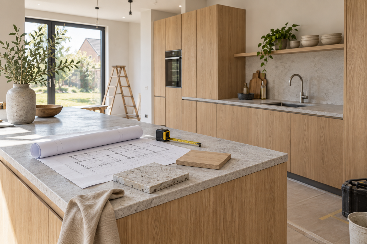 Keukenontwerp met materiaalstaal en meetlint